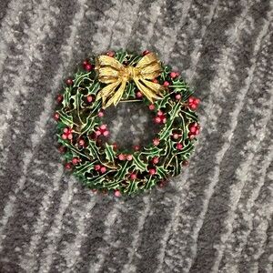 Festive Wreath Brooch with Gold Bow